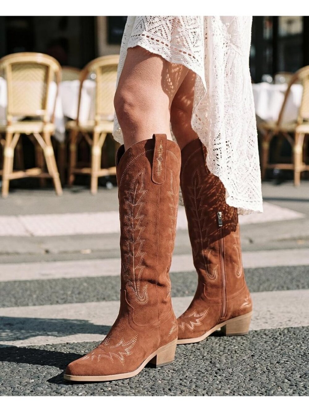 Women's Brown Suede Pointed Toe Chunky Heel Pull On Zipper Western Cowgirl Boots - Picture 4 of 5
